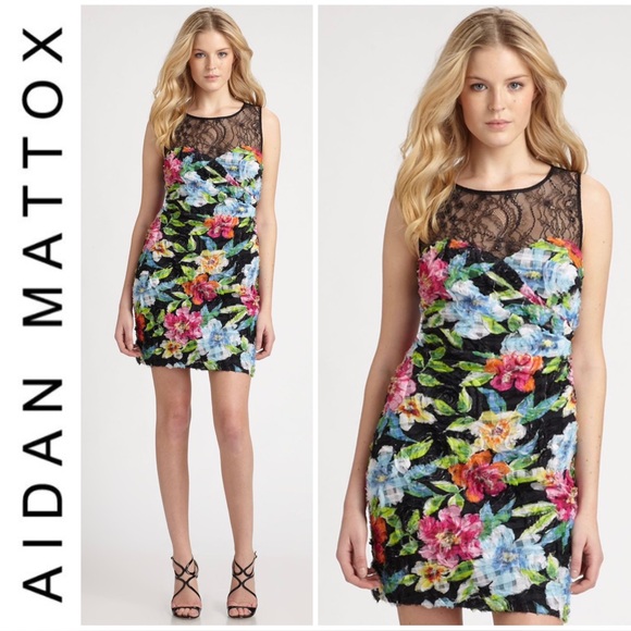 💐 Aidan Mattox, Bursting into Bloom Lace-Paneled Textured Floral Sheath Dress - Picture 1 of 16